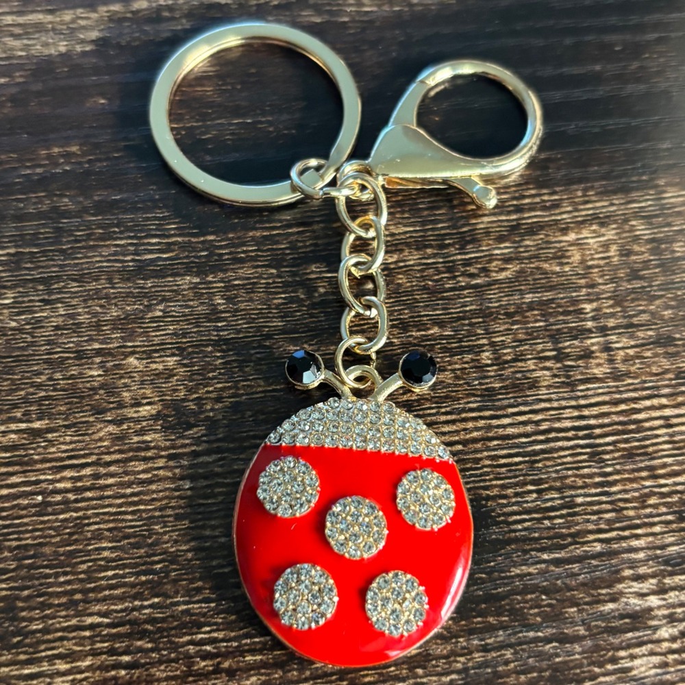 Gold Tone Red Enamel Rhinestone Ladybug Keychain Bag Charm